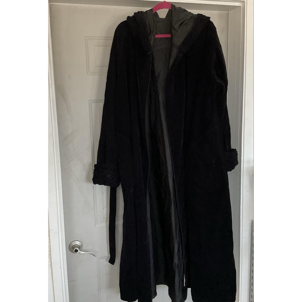 Mycra Pac Coat Womens M/L Black Velvet Hooded Belted Long Trench Lined Pockets